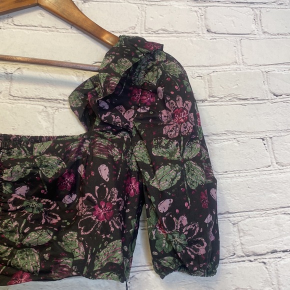 Zara Black Pink Floral Long Sleeve Cropped Top Size Medium & Large - Picture 5 of 13